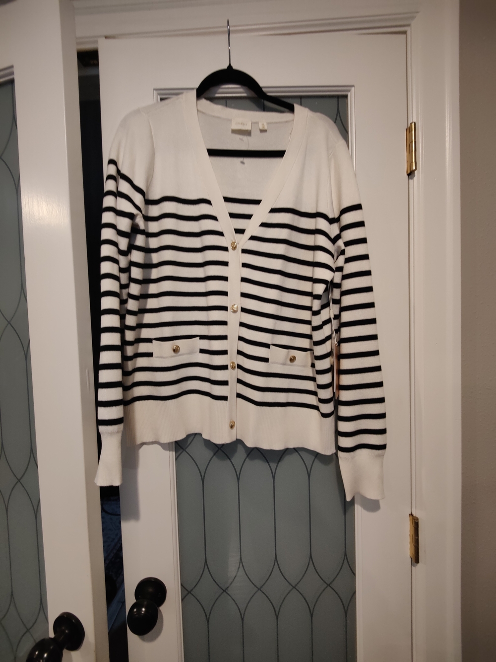 Cyrus White and Black Striped V-Neck Cardigan